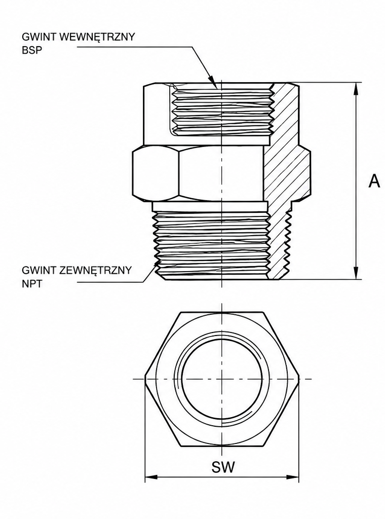 Rysunek adapter BSP NPT